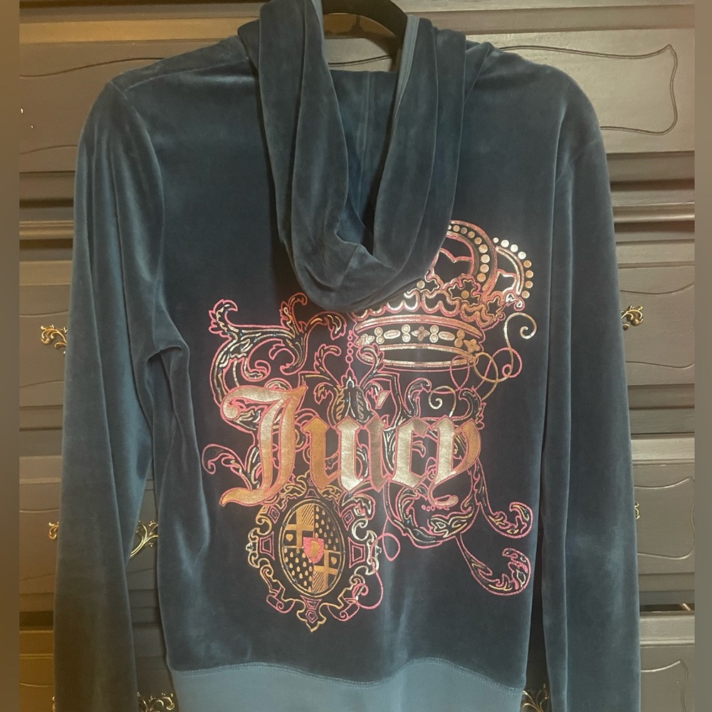 Juicy Couture Men's Velvet Zip-Up Hoodie in Teal with Pink & Gold Crest
